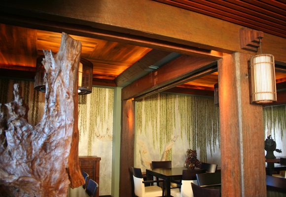Koi Japanese recycled timber interior restaurant seating area