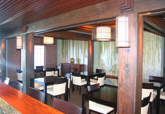 Koi Japanese recycled timber interior restaurant seating area