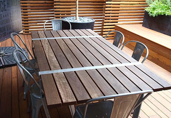 Mirvac Ironwood Recycled Timber bench and chairs